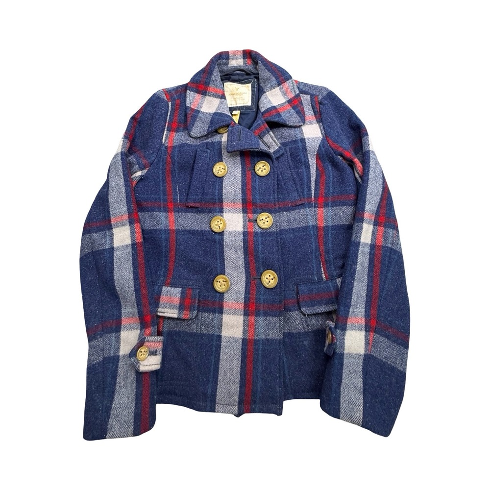 American Eagle Peacoat Womens M Blue Red Plaid Wool Blend Preppy Academic 90's